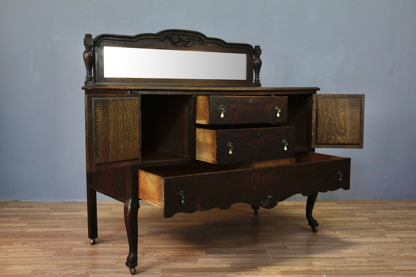Antique Tiger Oak Mirror-Top Console