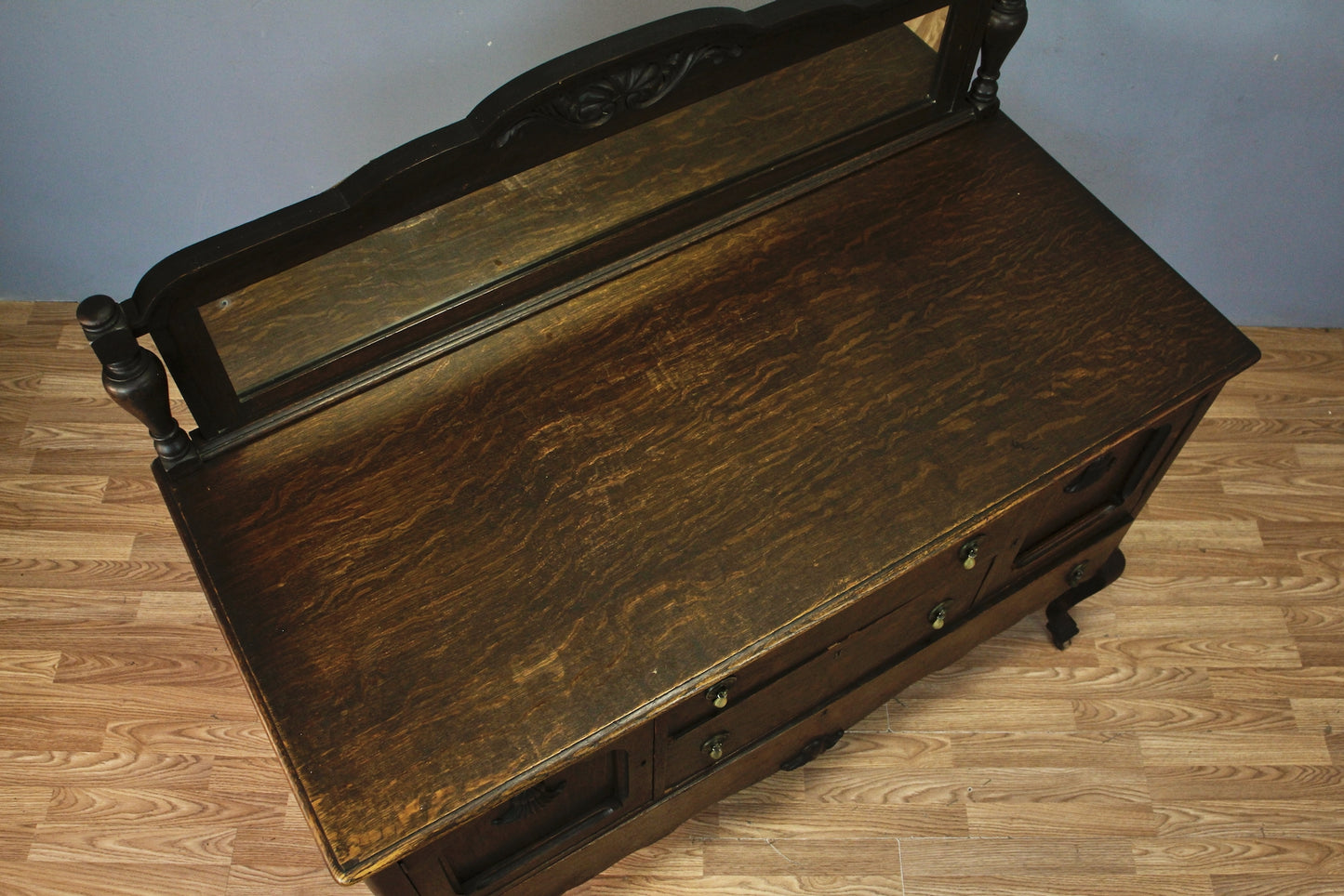 Antique Tiger Oak Mirror-Top Console