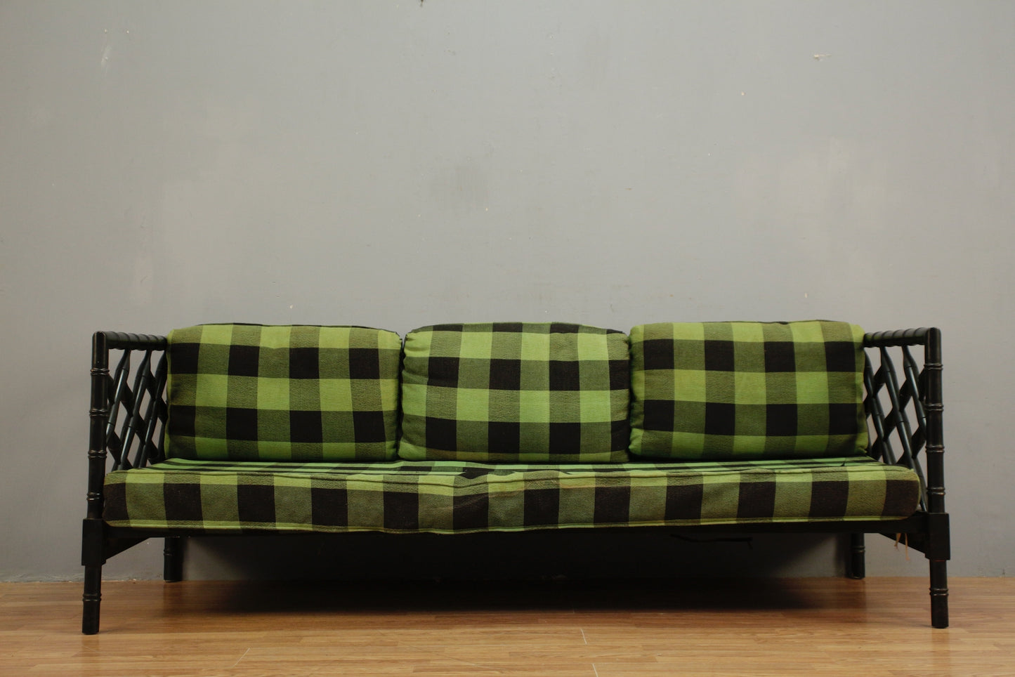 Green Gingham & Black Rattan Daybed Sofa - ONLINE ONLY