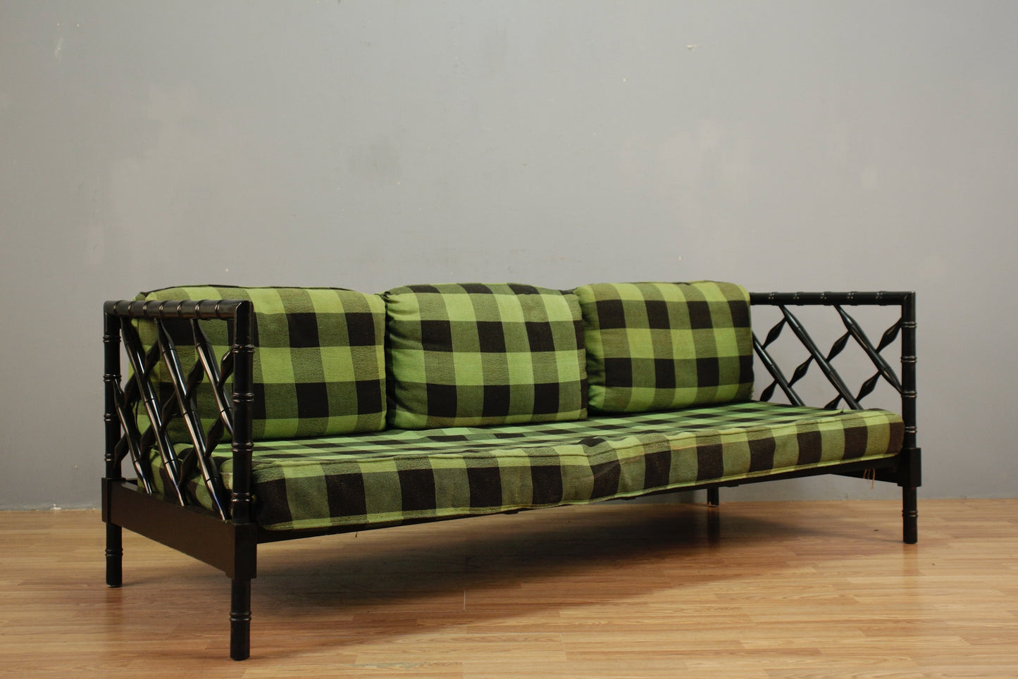 Green Gingham & Black Rattan Daybed Sofa - ONLINE ONLY