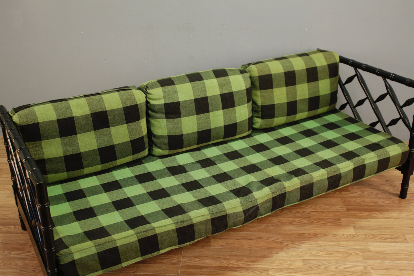 Green Gingham & Black Rattan Daybed Sofa - ONLINE ONLY