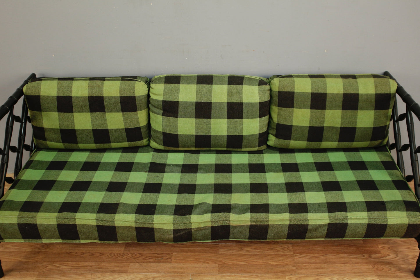 Green Gingham & Black Rattan Daybed Sofa - ONLINE ONLY