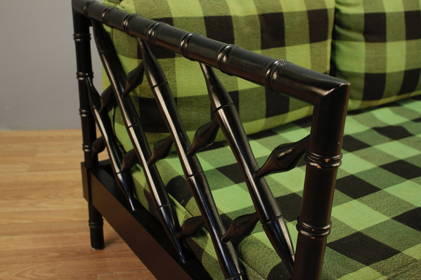 Green Gingham & Black Rattan Daybed Sofa - ONLINE ONLY