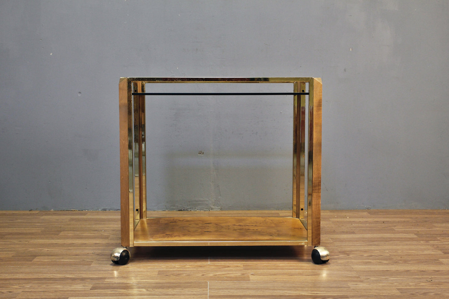 Hollywood Regency Burl & Smoked Glass Bar Cart