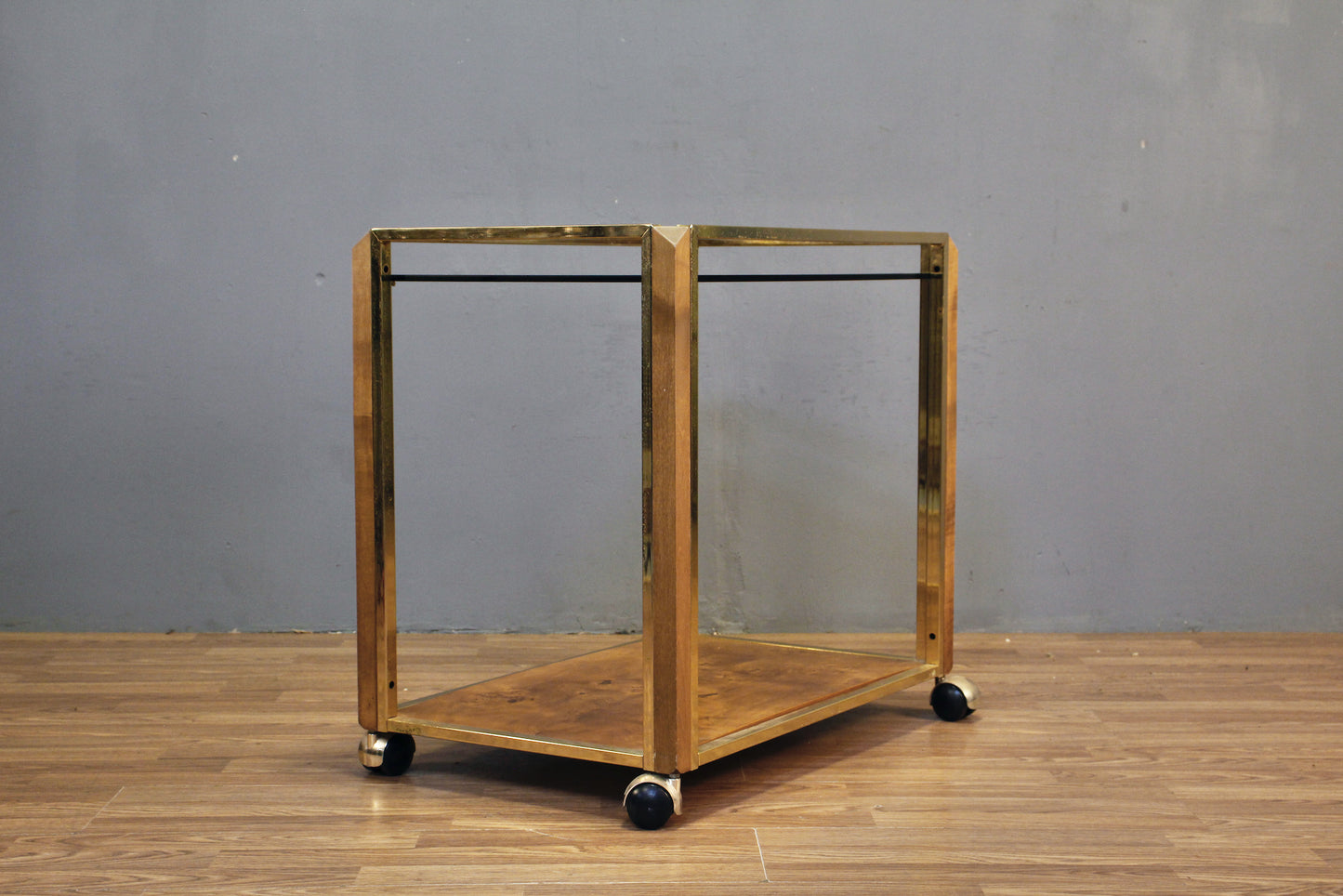 Hollywood Regency Burl & Smoked Glass Bar Cart