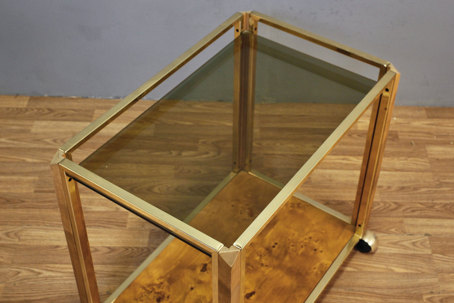 Hollywood Regency Burl & Smoked Glass Bar Cart