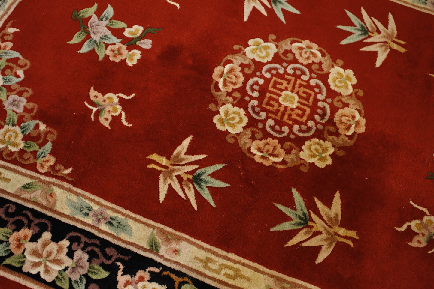 Large Chinese Scarlet & Black Wool Area Rug