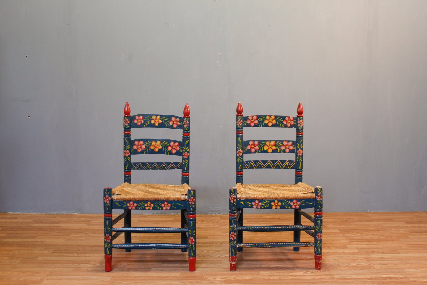 Mexican Folk Art Teal & Rush Side Chair