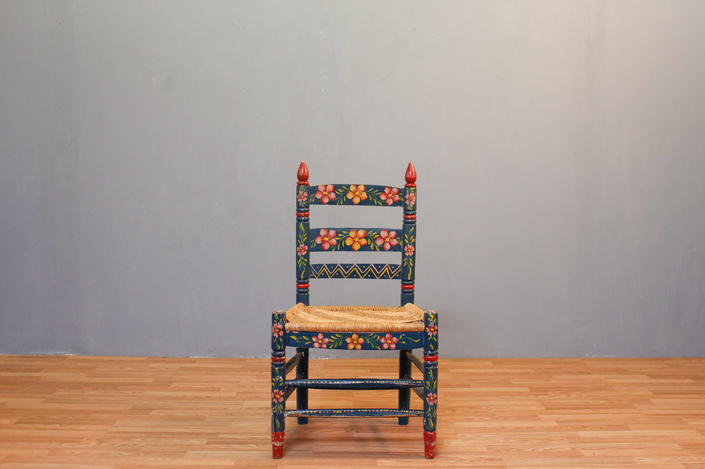 Mexican Folk Art Teal & Rush Side Chair