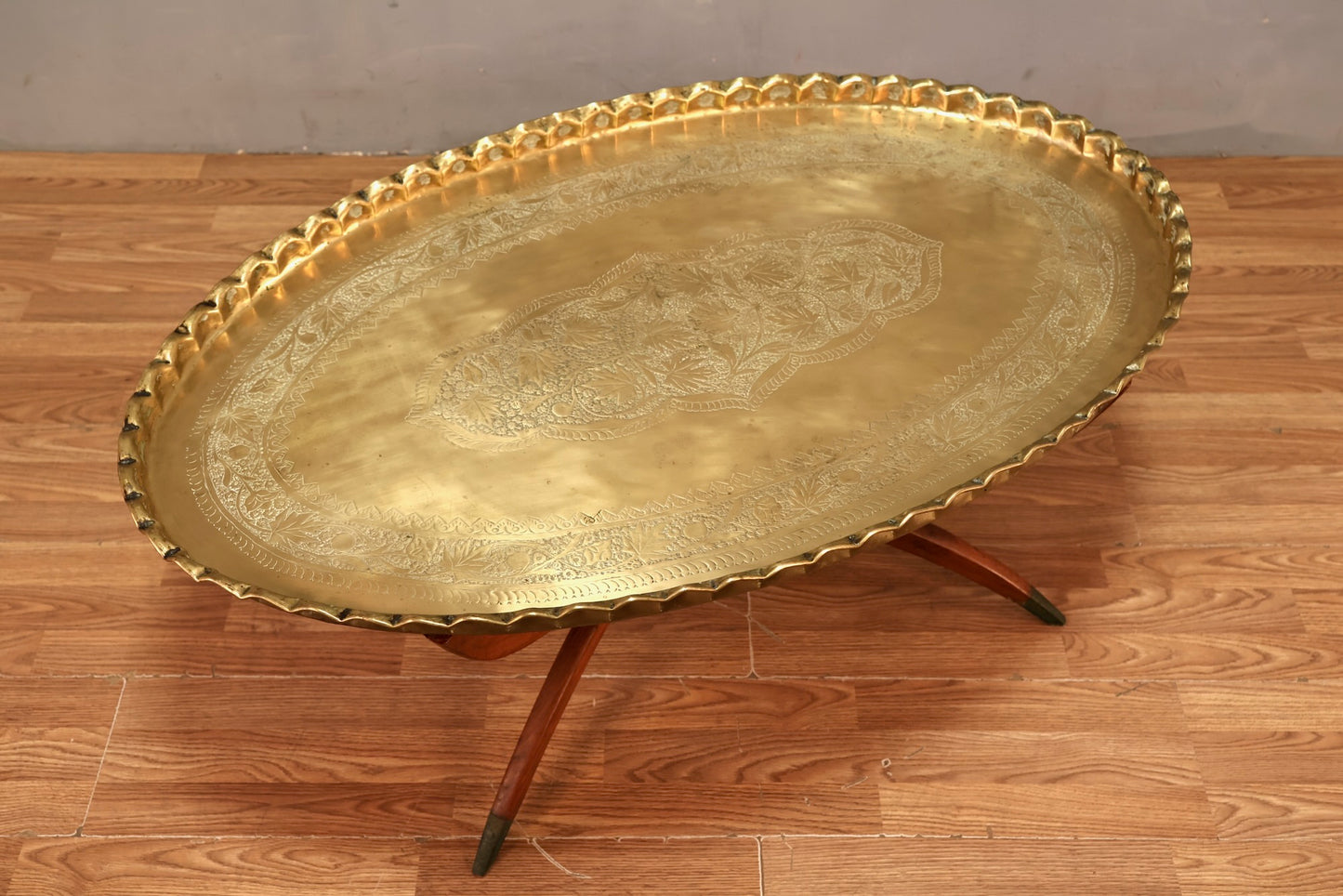 Moroccan-Style Brass Oval Tray-Top Coffee Table