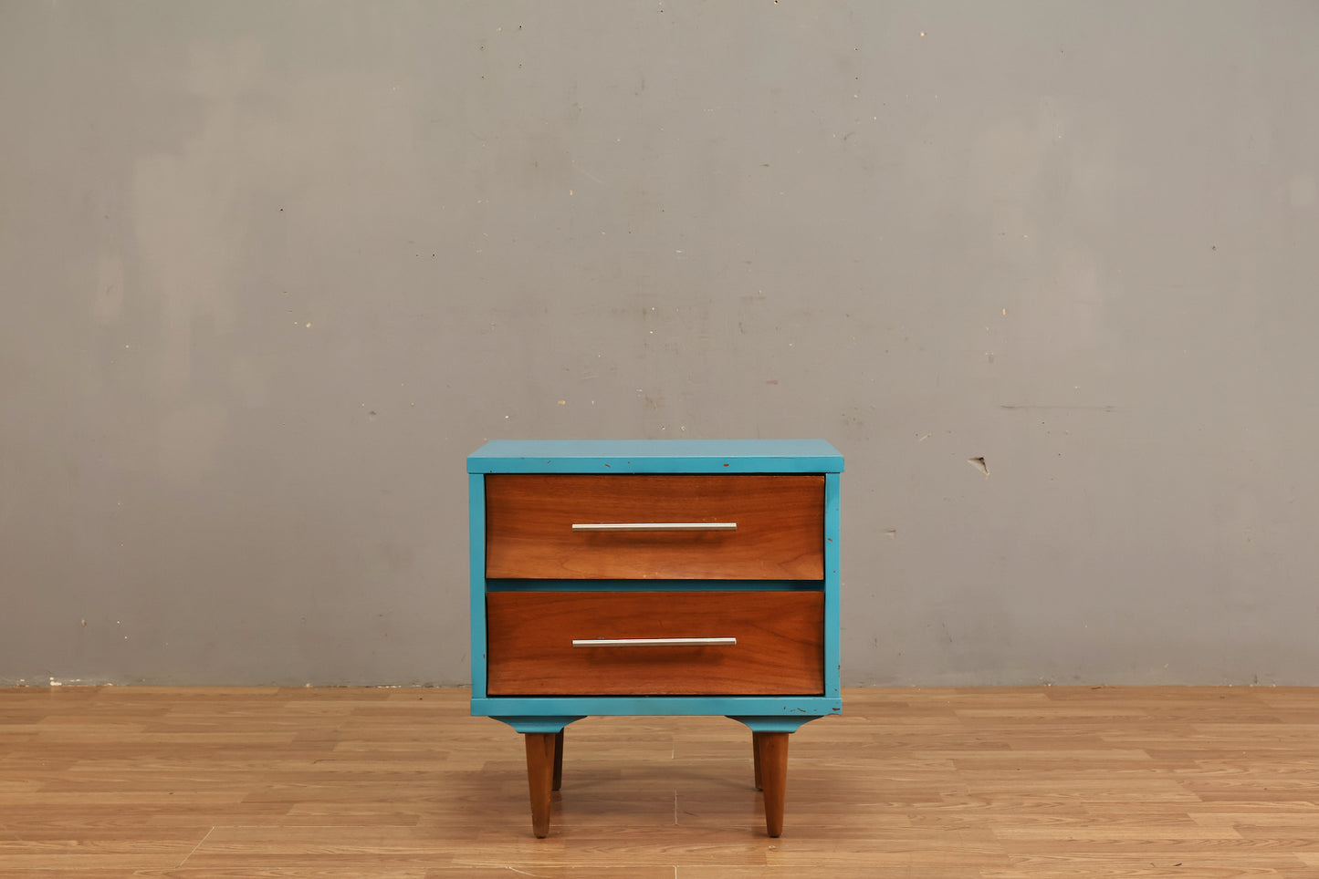 Concave Walnut & Cyan 2-Drawer Nightstand