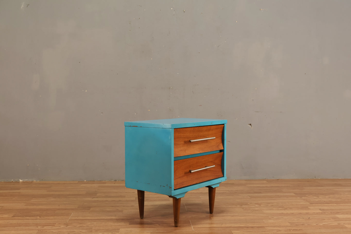 Concave Walnut & Cyan 2-Drawer Nightstand