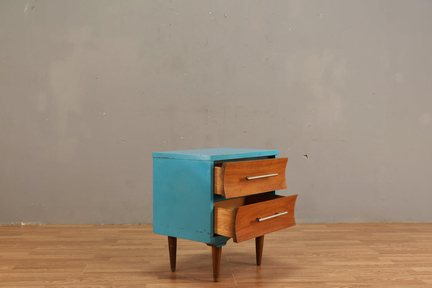 Concave Walnut & Cyan 2-Drawer Nightstand