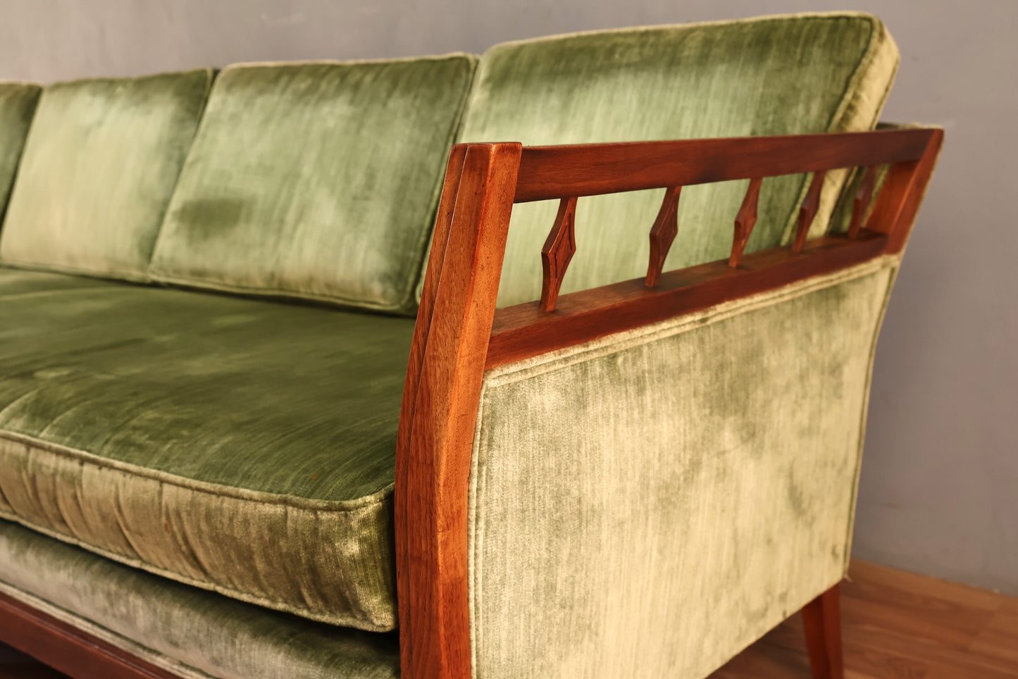 Mid Century Green Velveteen Sofa - ONLINE ONLY