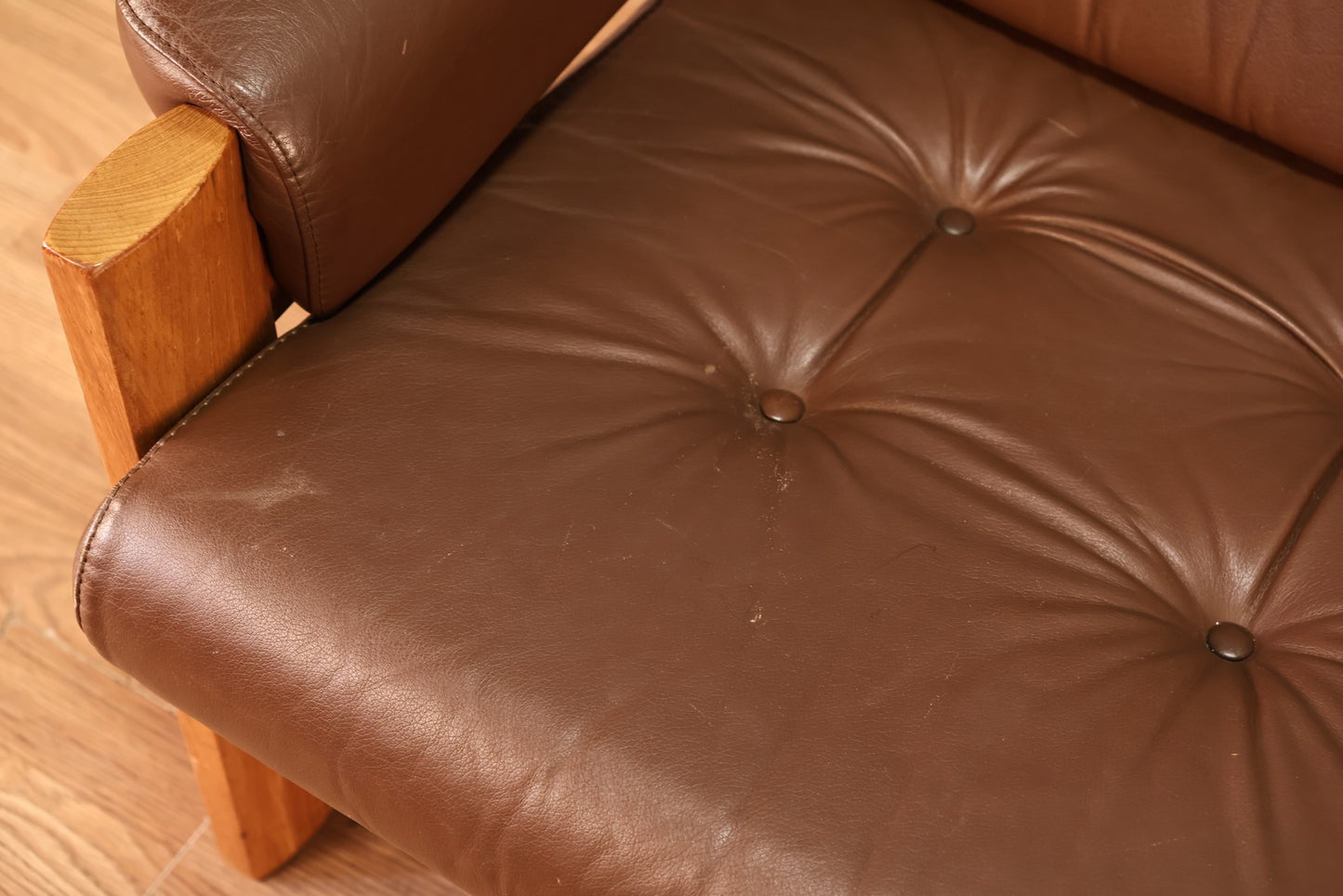 Ekornes Brown Leather & Teak Loveseat - ONLINE ONLY