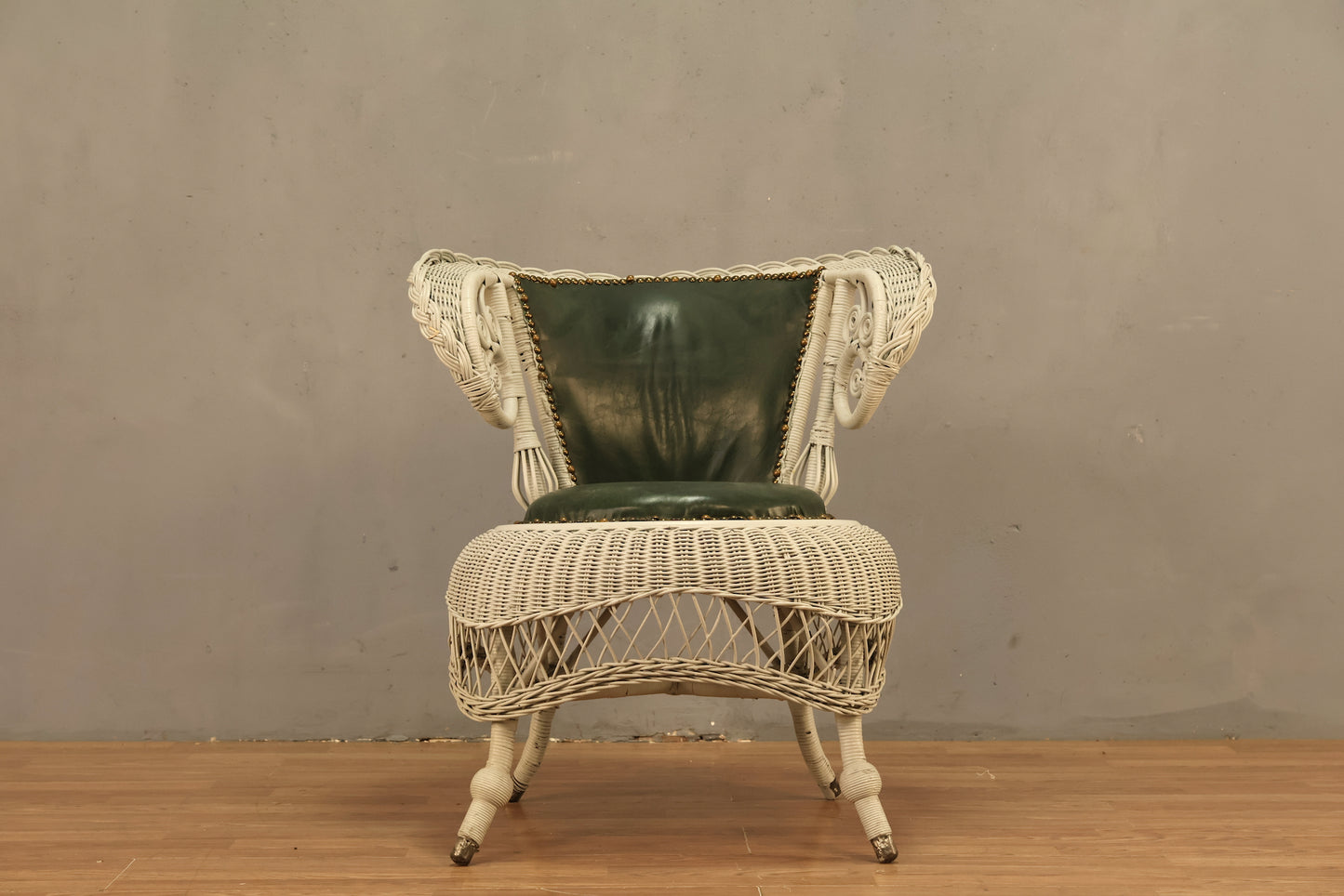 Gray Wicker & Green Leather Accent Chair