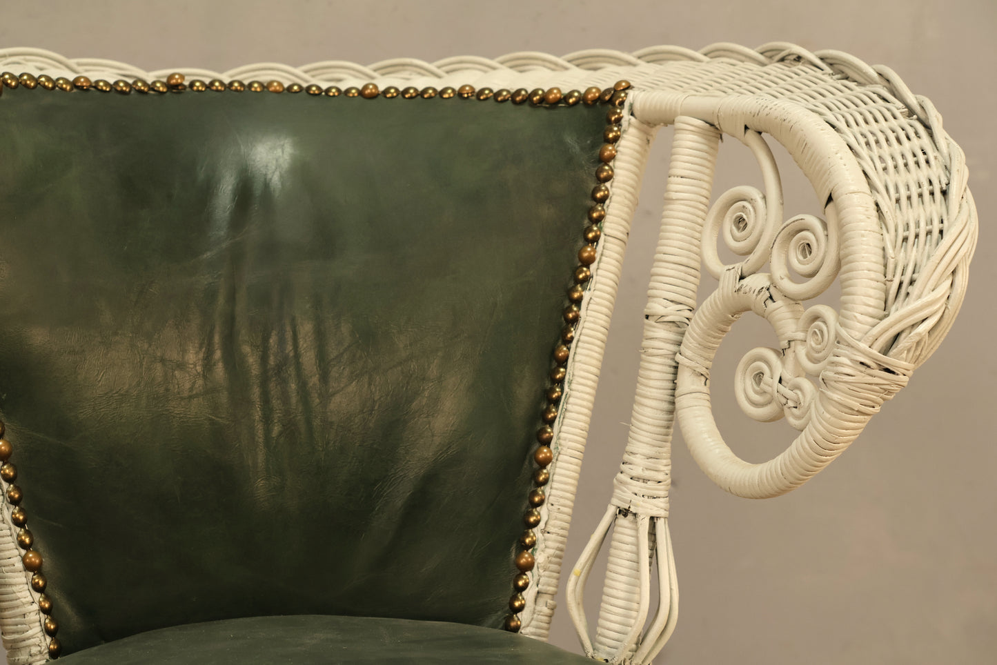 Gray Wicker & Green Leather Accent Chair