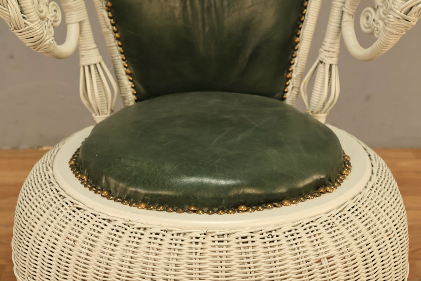 Gray Wicker & Green Leather Accent Chair