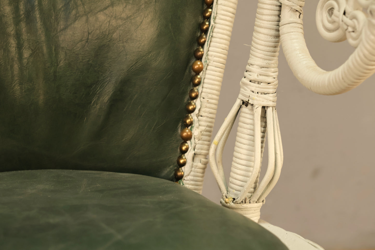 Gray Wicker & Green Leather Accent Chair
