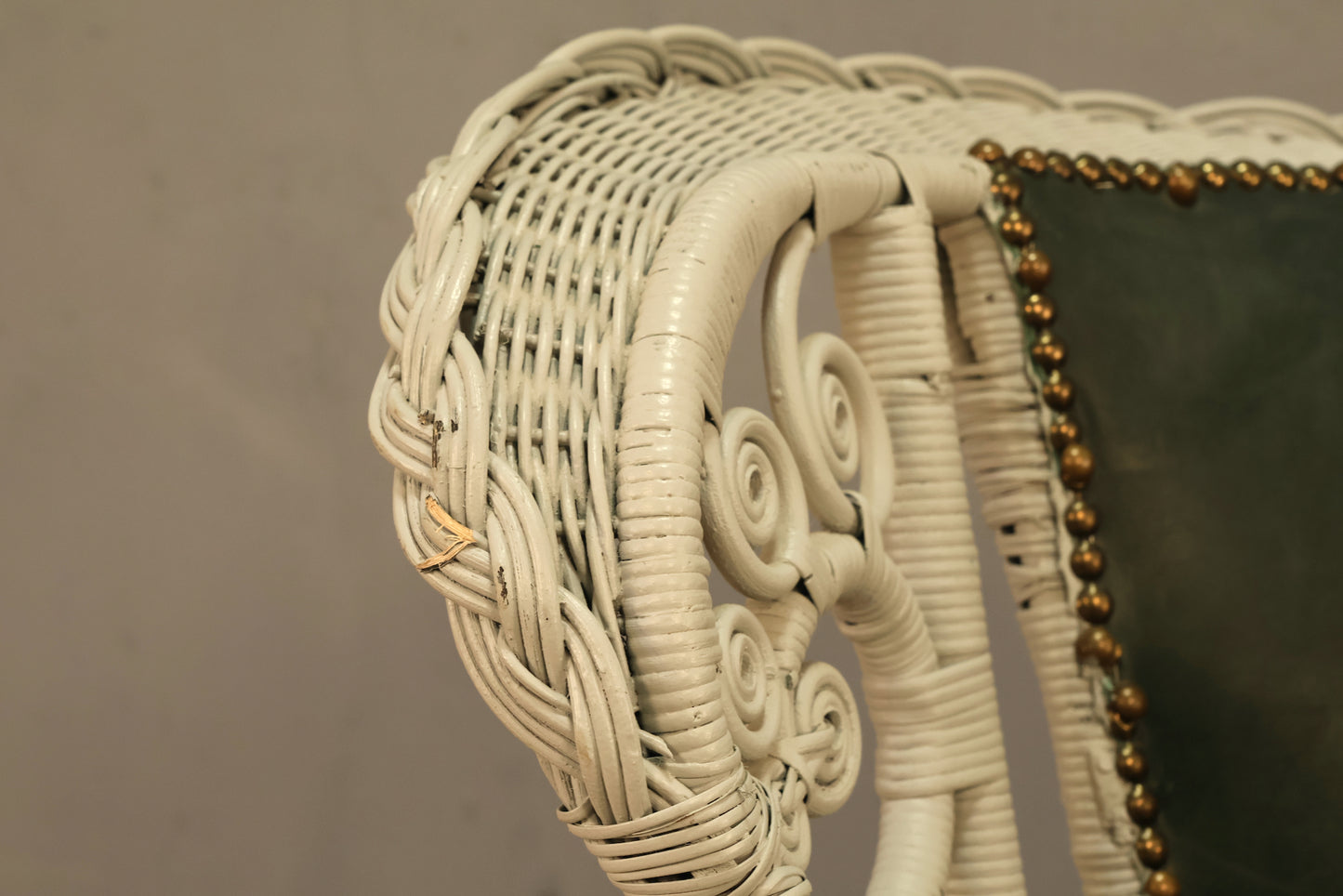 Gray Wicker & Green Leather Accent Chair
