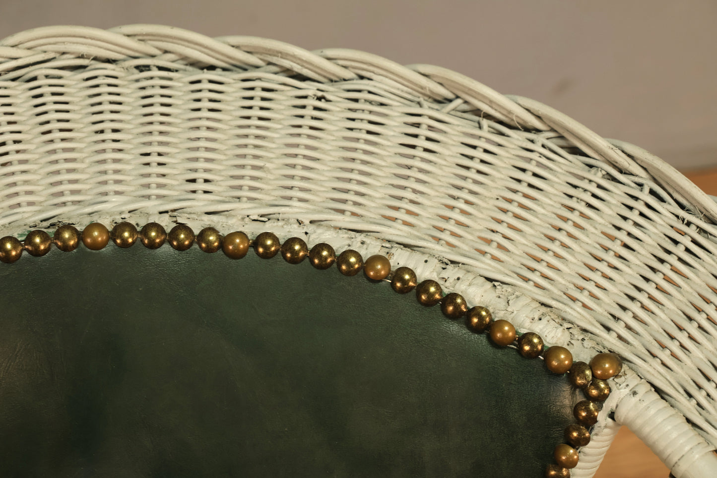 Gray Wicker & Green Leather Accent Chair