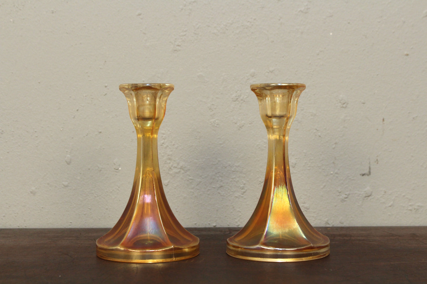 Pair of Marigold Carnival Glass Candlesticks