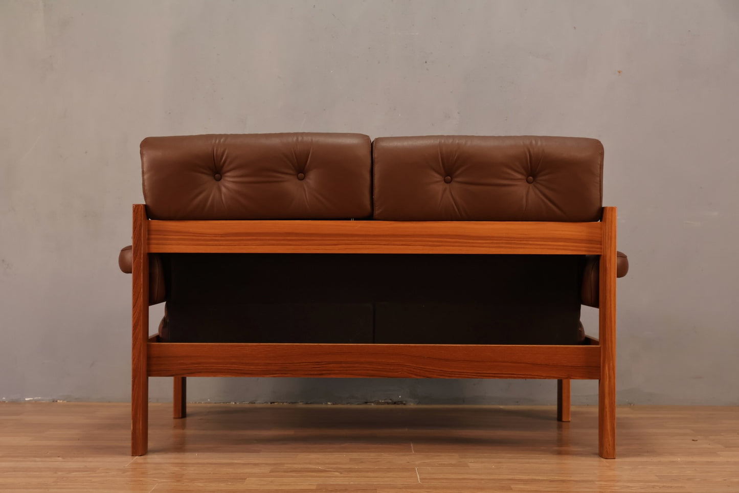 Ekornes Brown Leather & Teak Loveseat - ONLINE ONLY