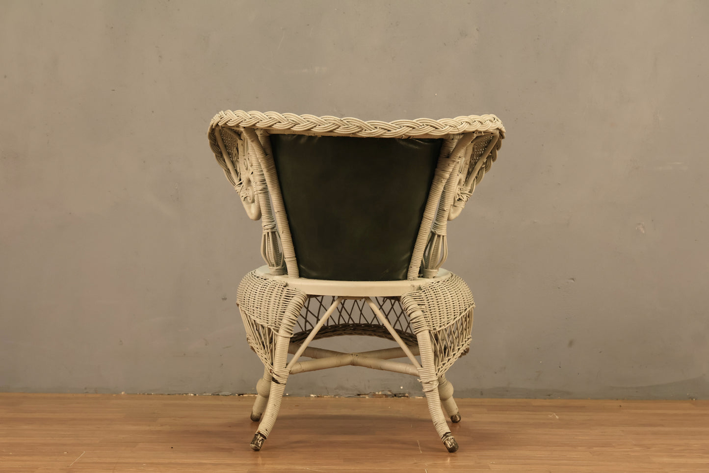 Gray Wicker & Green Leather Accent Chair