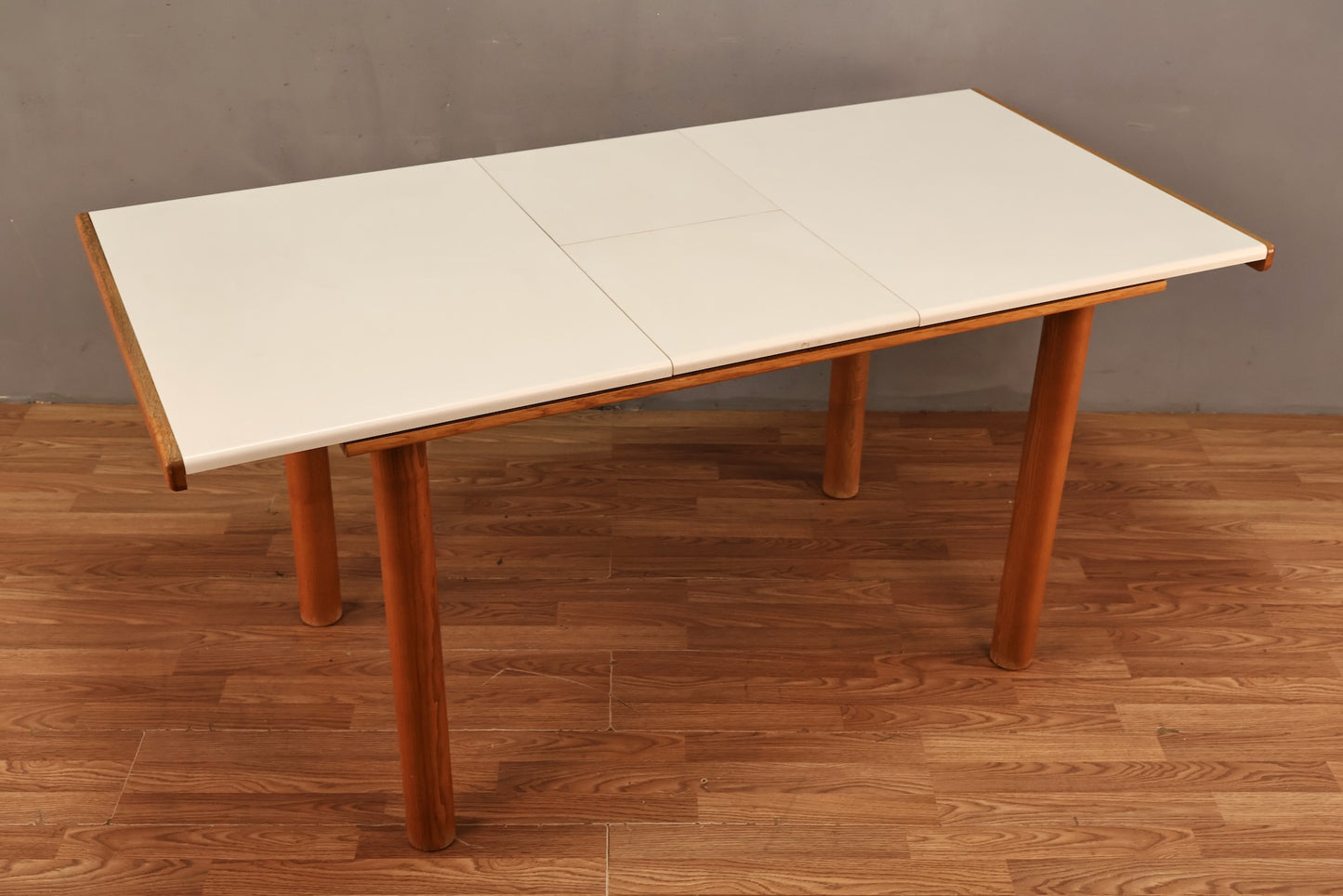 White Laminate & Pine Table With Built-In Leaf - ONLINE ONLY