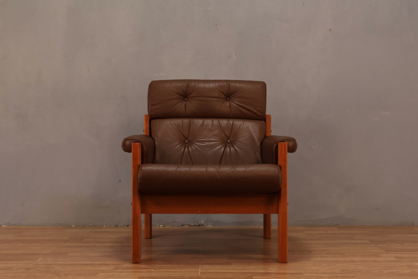 Ekornes Brown Leather & Teak Lounge Chair - ONLINE ONLY