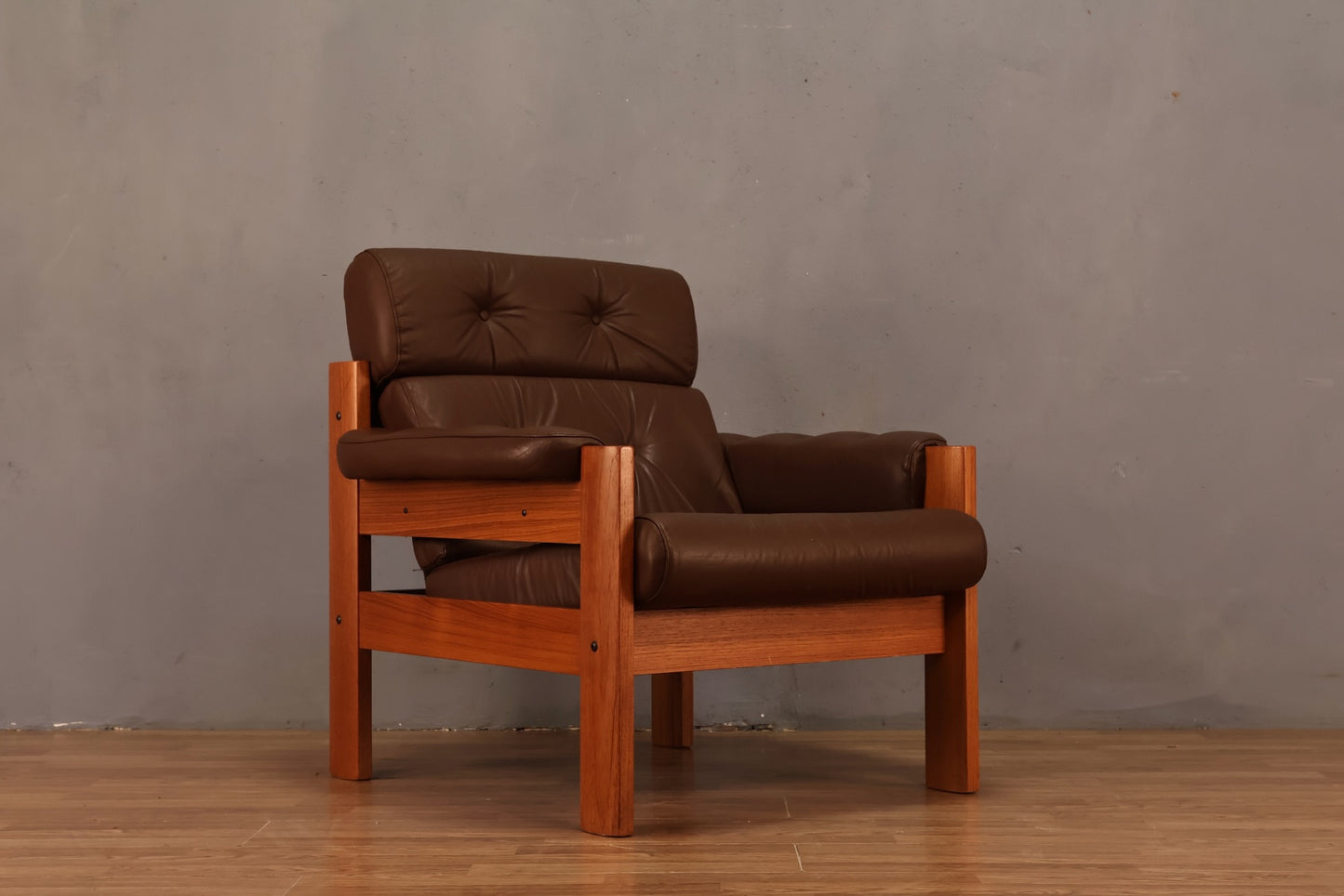 Ekornes Brown Leather & Teak Lounge Chair - ONLINE ONLY