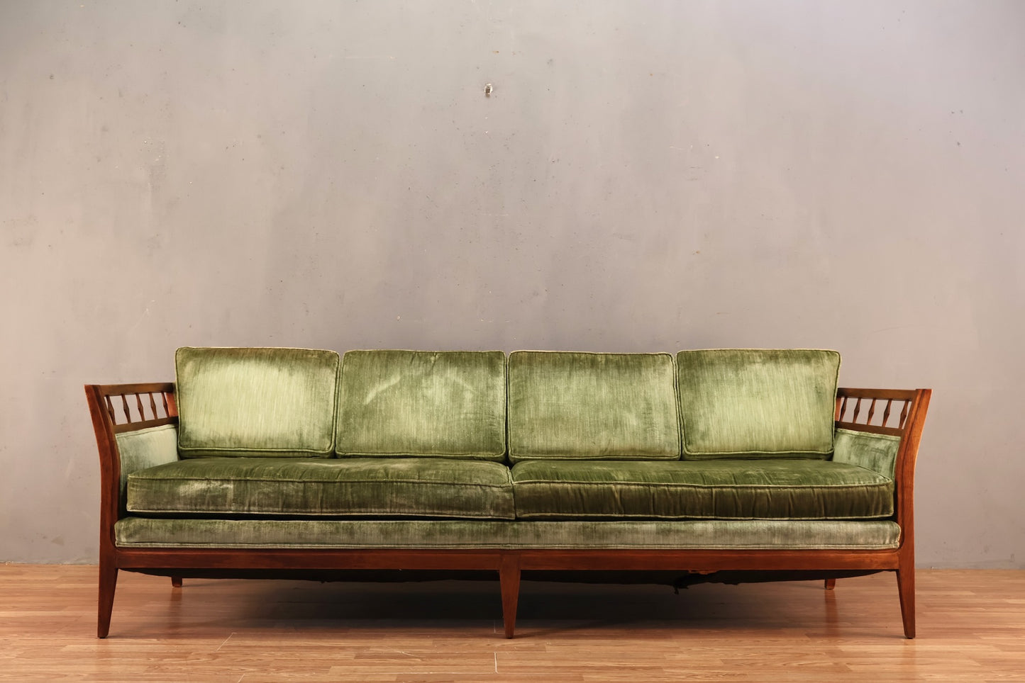 Mid Century Green Velveteen Sofa - ONLINE ONLY