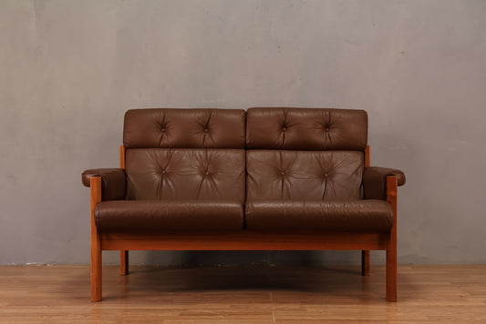 Ekornes Brown Leather & Teak Loveseat - ONLINE ONLY