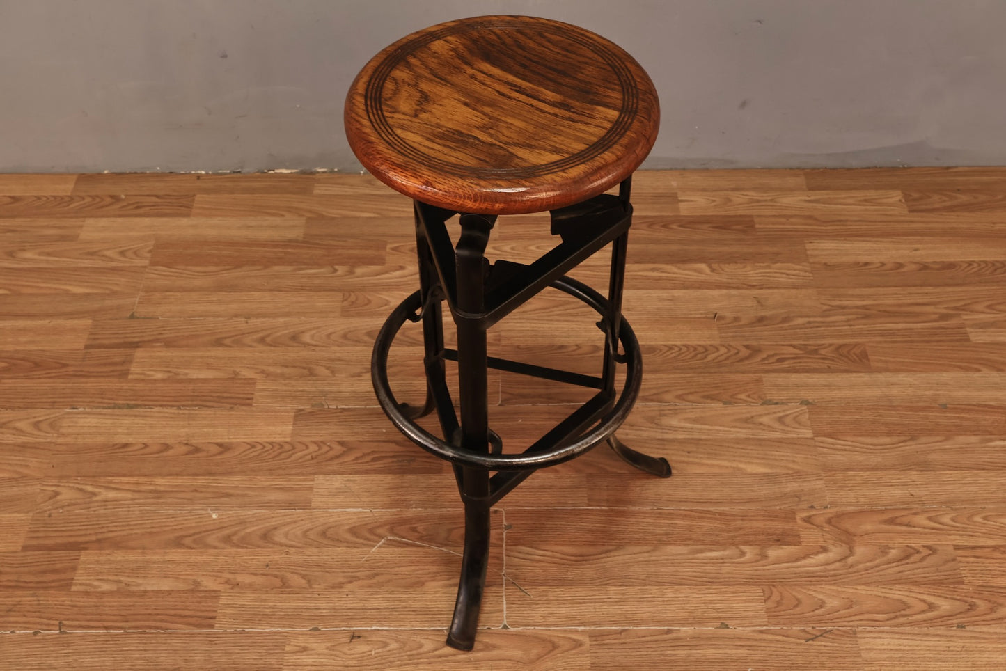 Industrial Oak & Iron Swivel Stool U - ONLINE ONLY
