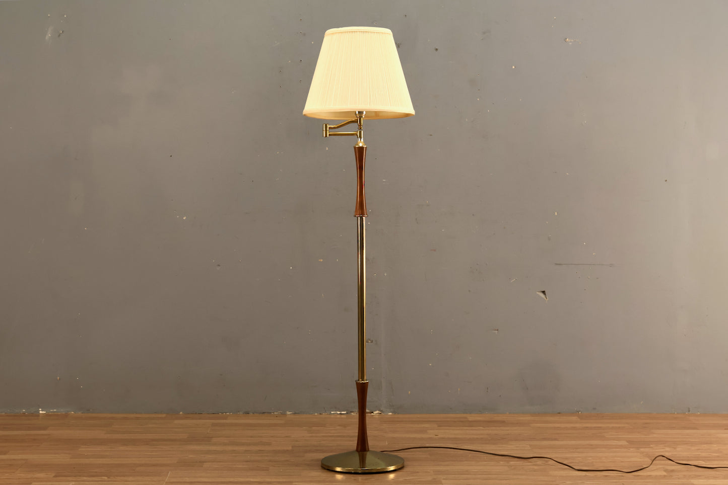Brass & Walnut Swing-Arm Floor Lamp