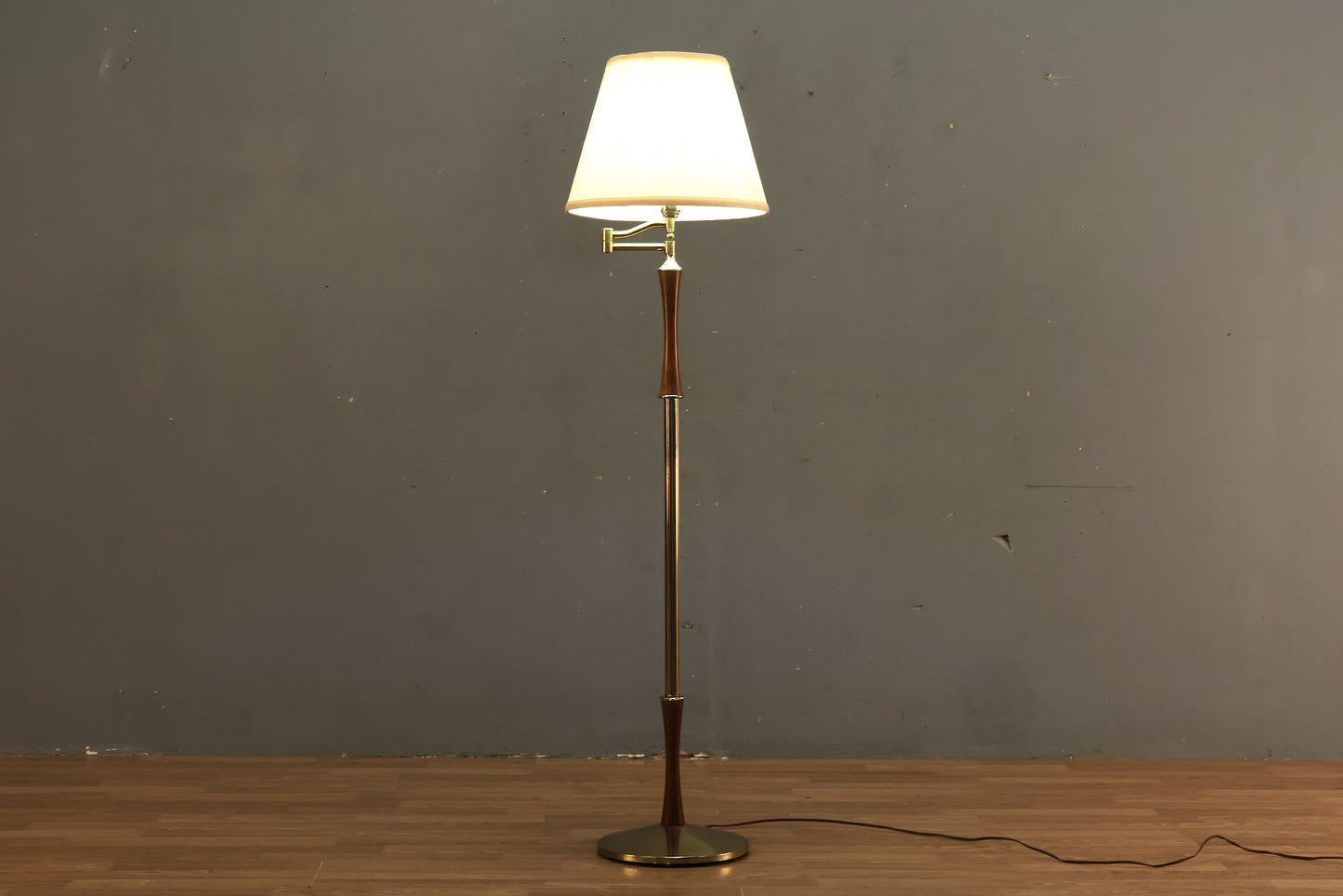 Brass & Walnut Swing-Arm Floor Lamp