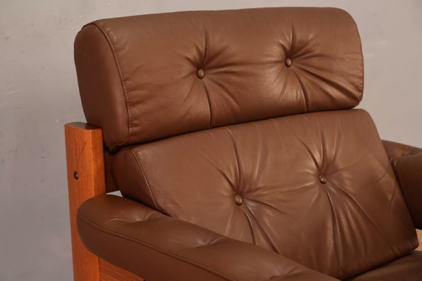 Ekornes Brown Leather & Teak Lounge Chair - ONLINE ONLY