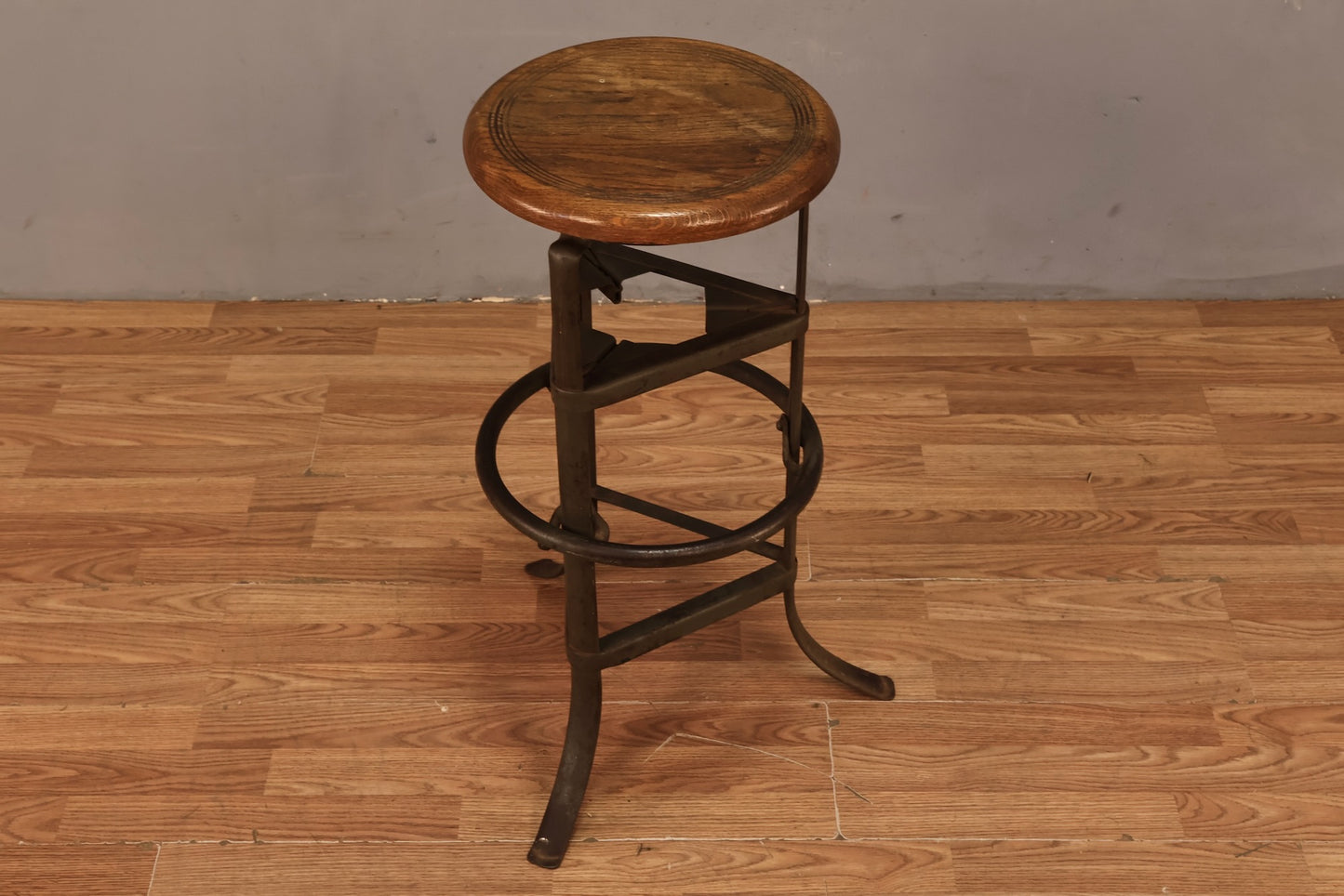 Industrial Oak & Iron Swivel Stool V - ONLINE ONLY