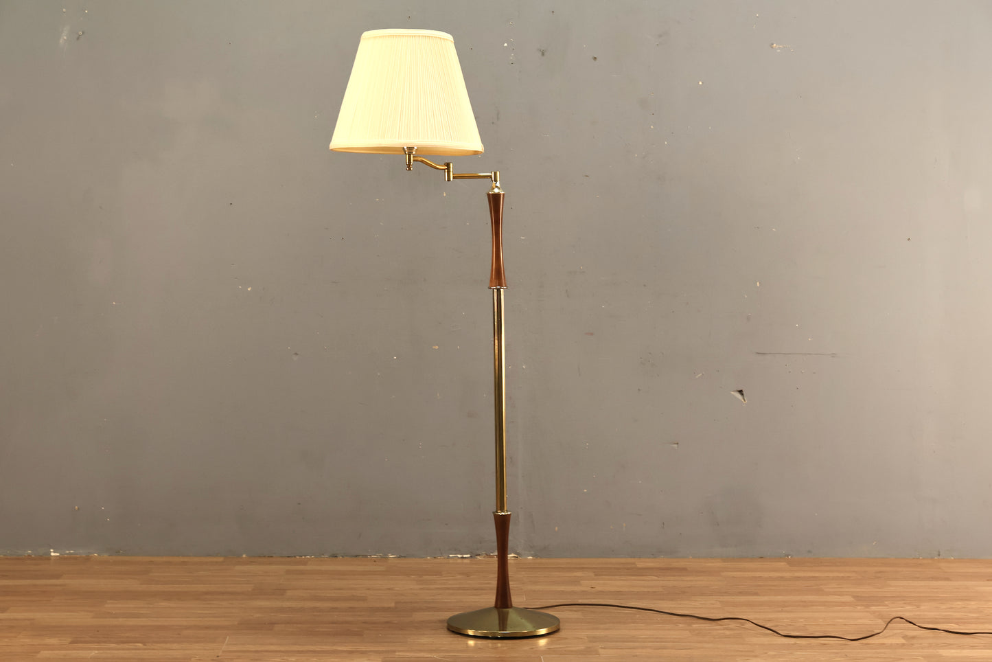 Brass & Walnut Swing-Arm Floor Lamp