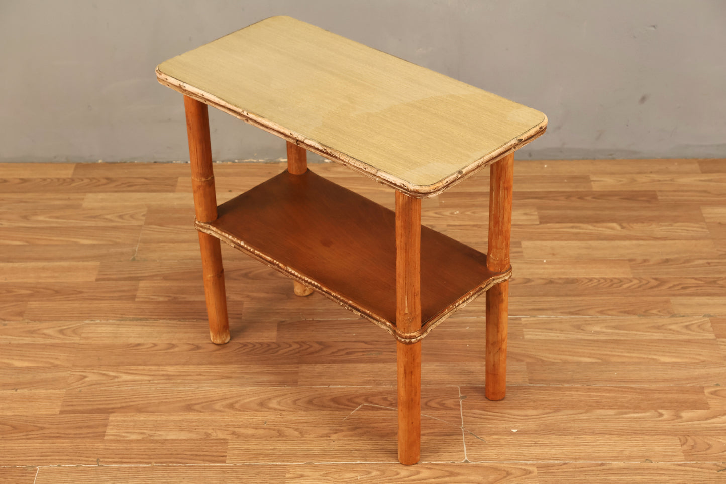 Distressed Bamboo & Laminate 2-Tier Side Table