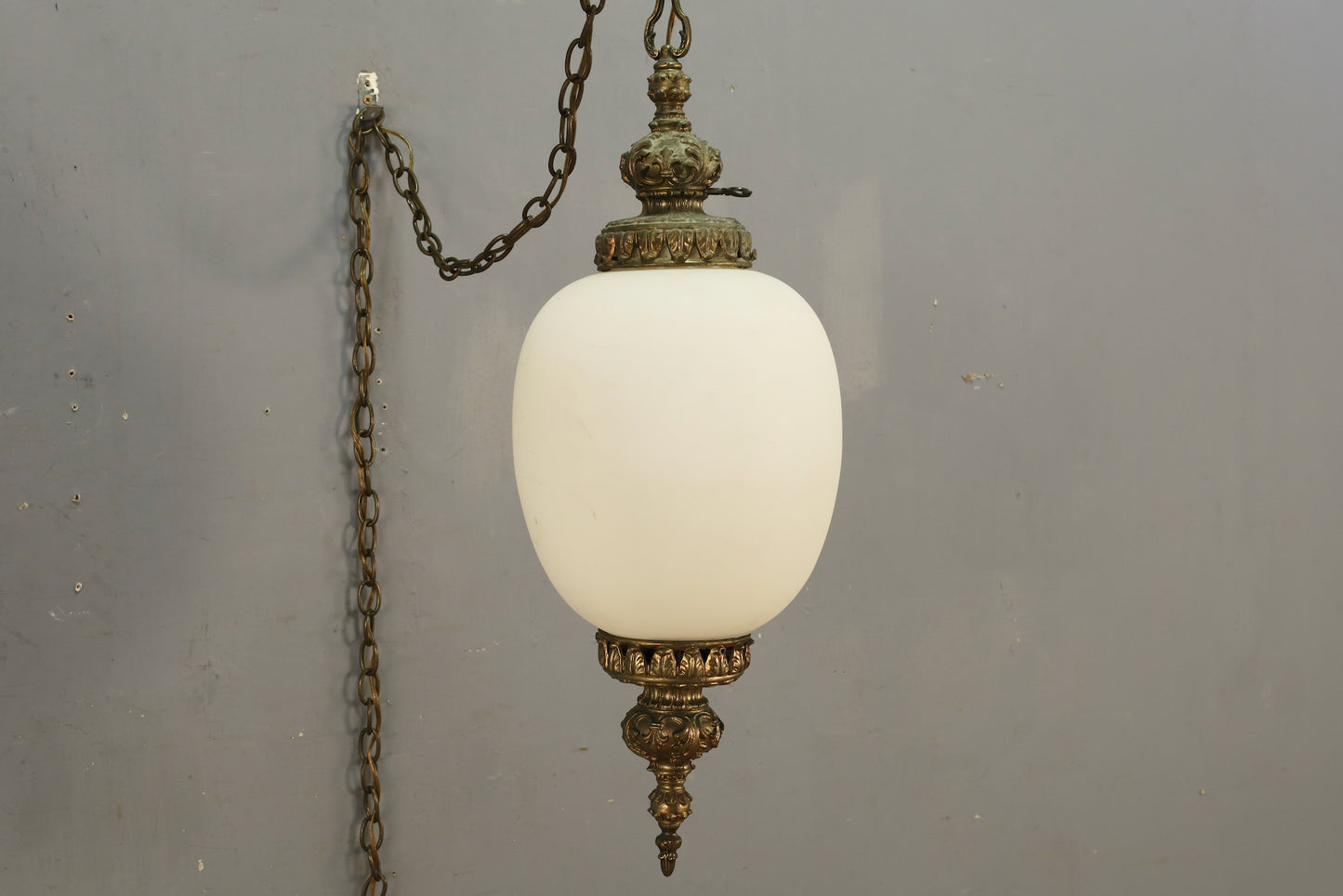 Ornate Brass & Frosted Glass Swag Lamp