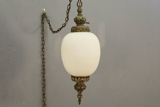 Ornate Brass & Frosted Glass Swag Lamp