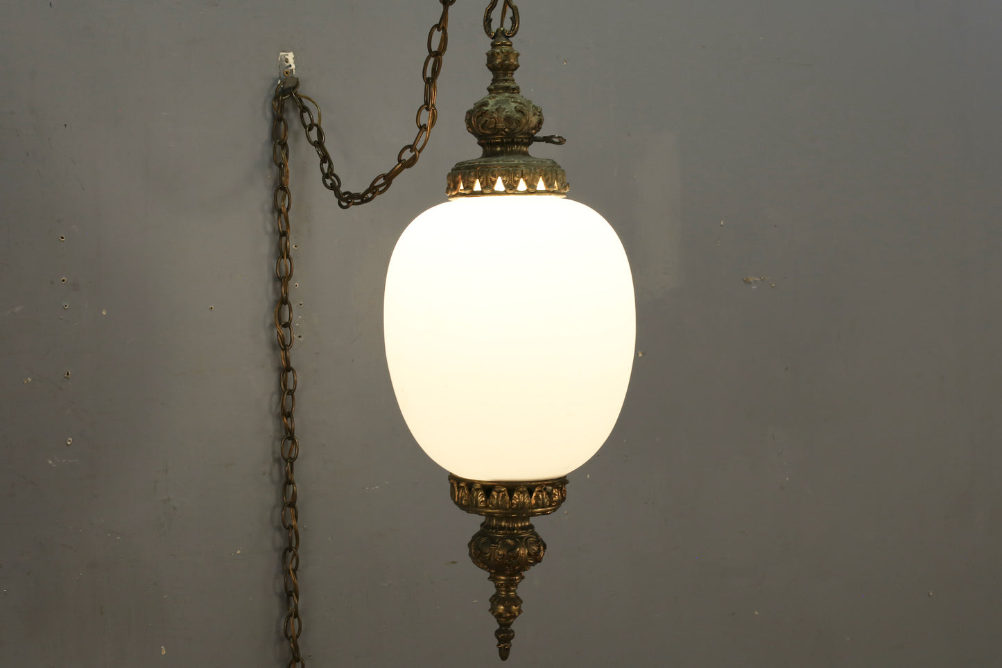 Ornate Brass & Frosted Glass Swag Lamp