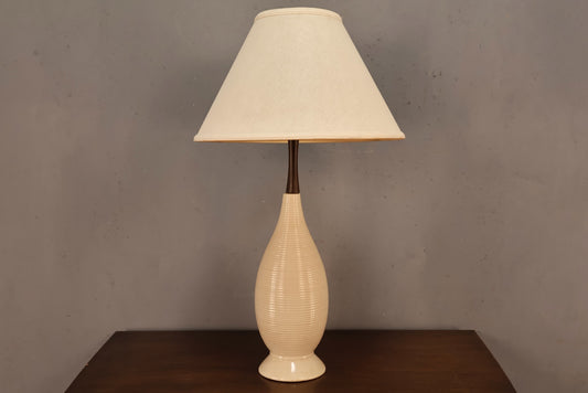 Mid Century Walnut & White Ceramic Table Lamp