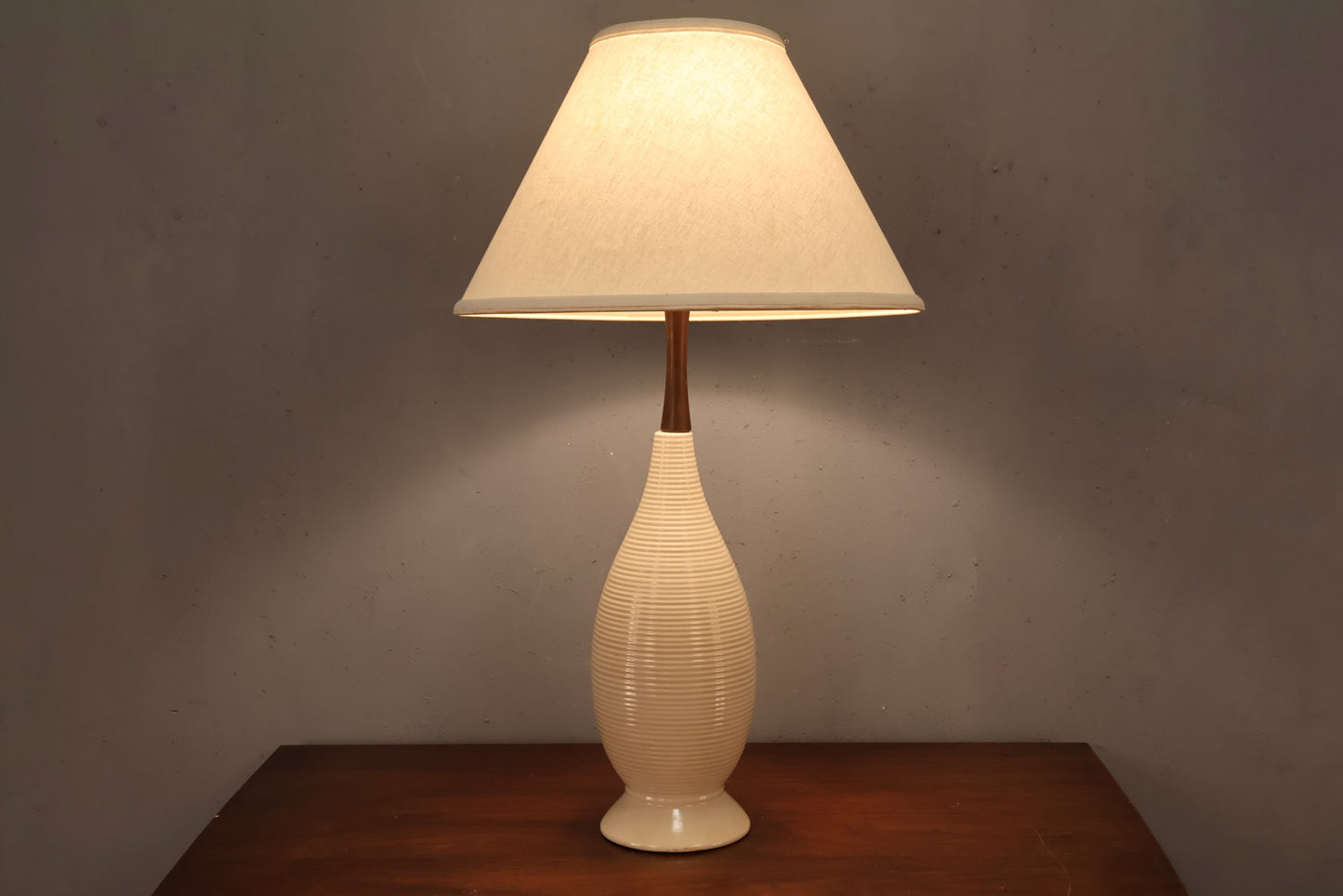 Mid Century Walnut & White Ceramic Table Lamp