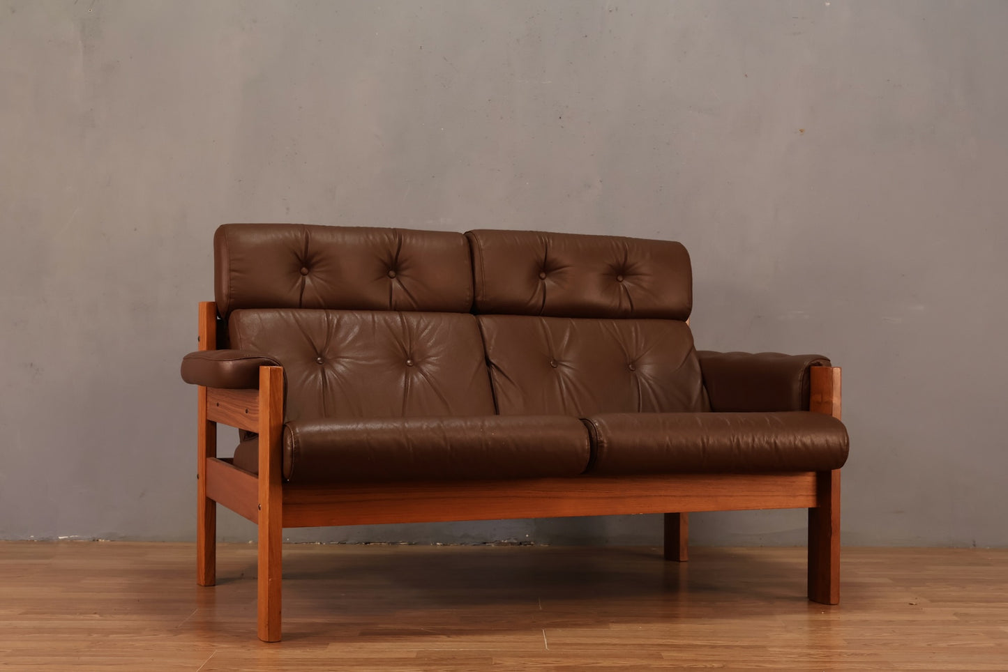 Ekornes Brown Leather & Teak Loveseat - ONLINE ONLY