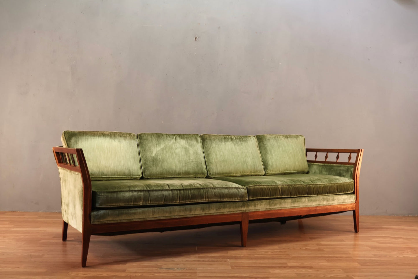 Mid Century Green Velveteen Sofa - ONLINE ONLY