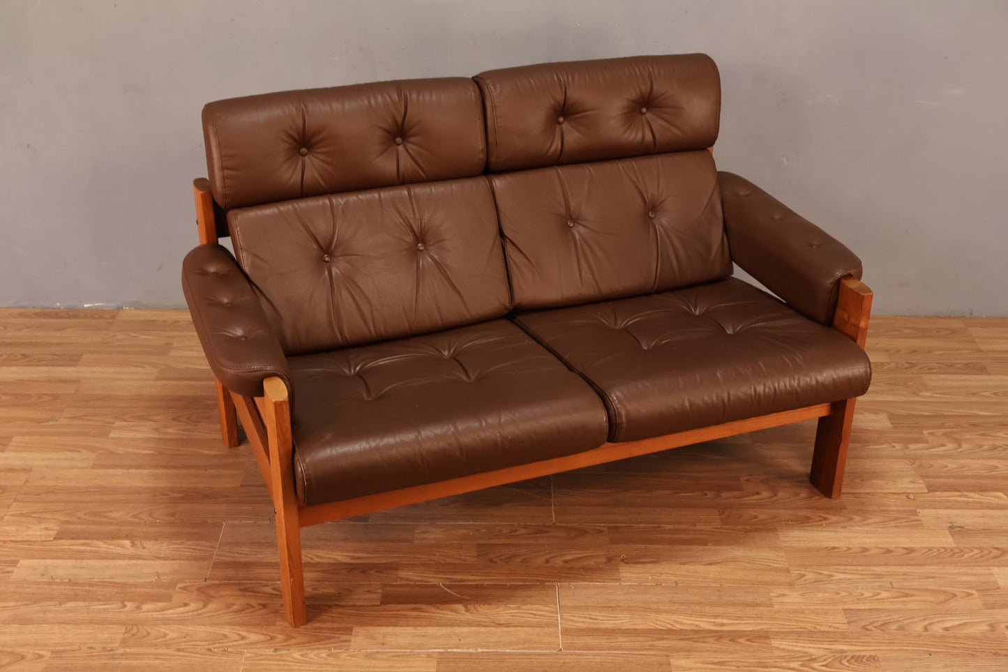 Ekornes Brown Leather & Teak Loveseat - ONLINE ONLY