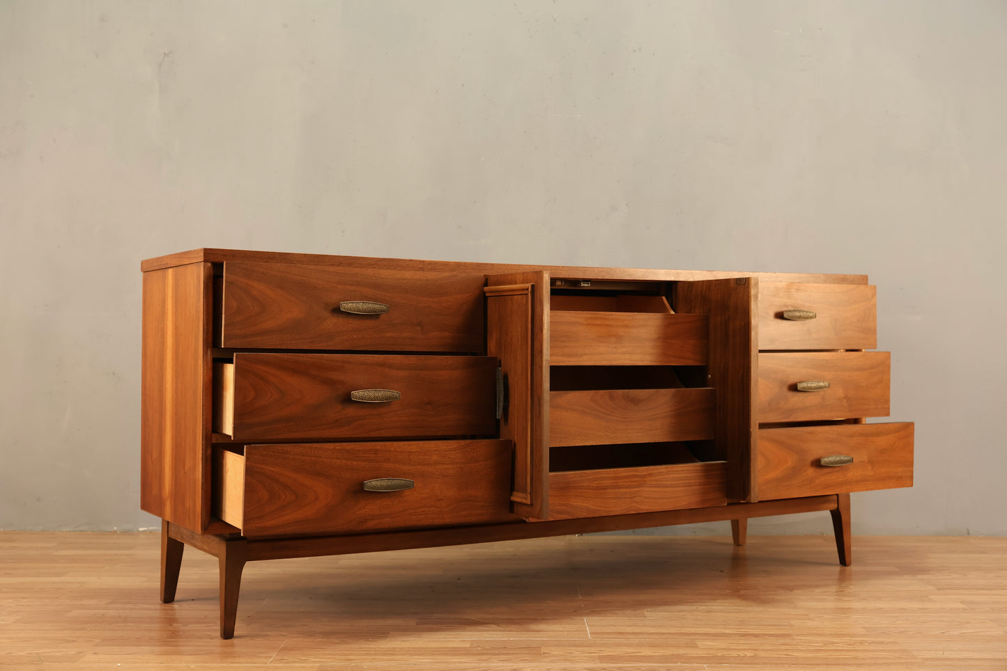 Mid Century Walnut 9-Drawer Credenza
