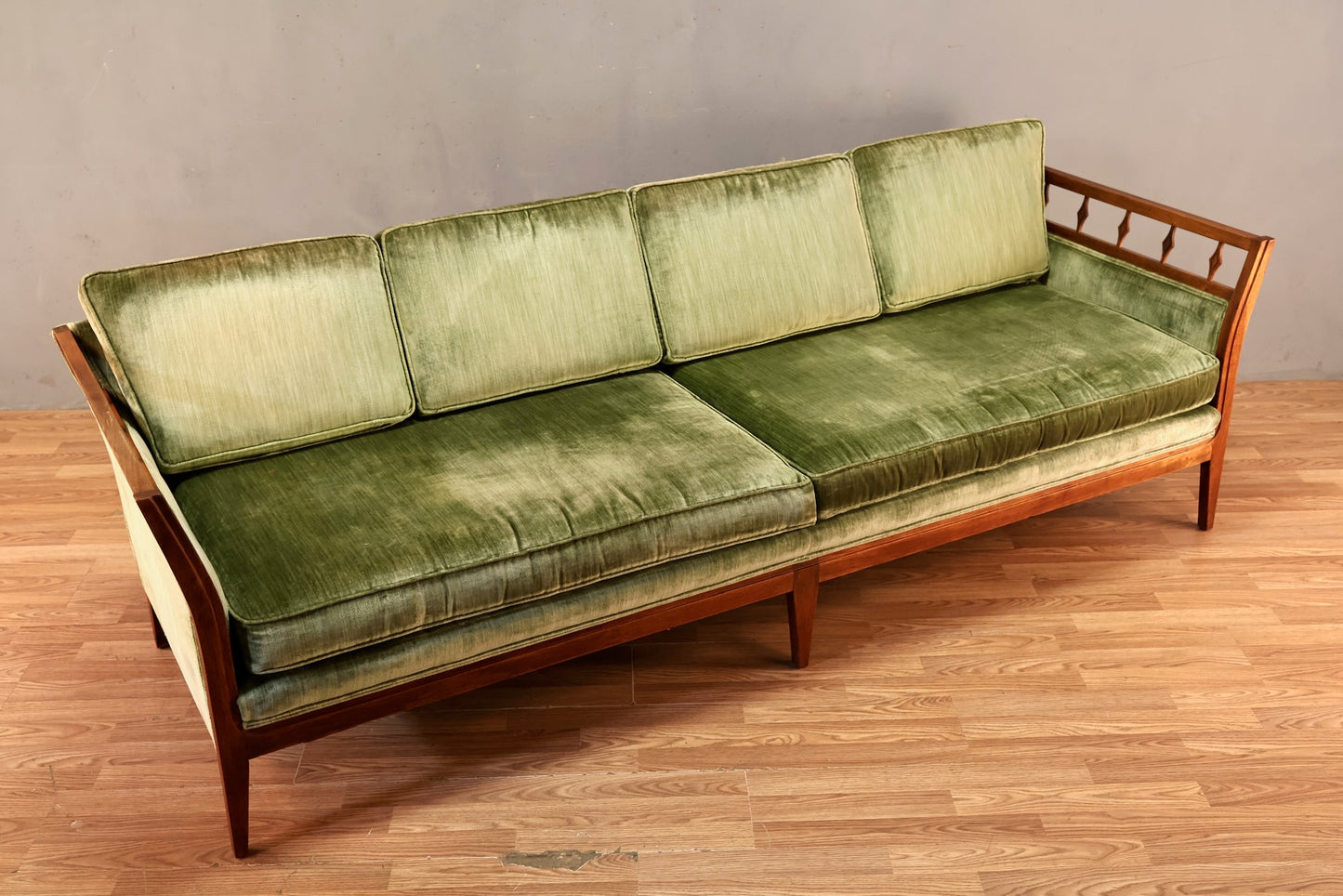 Mid Century Green Velveteen Sofa - ONLINE ONLY